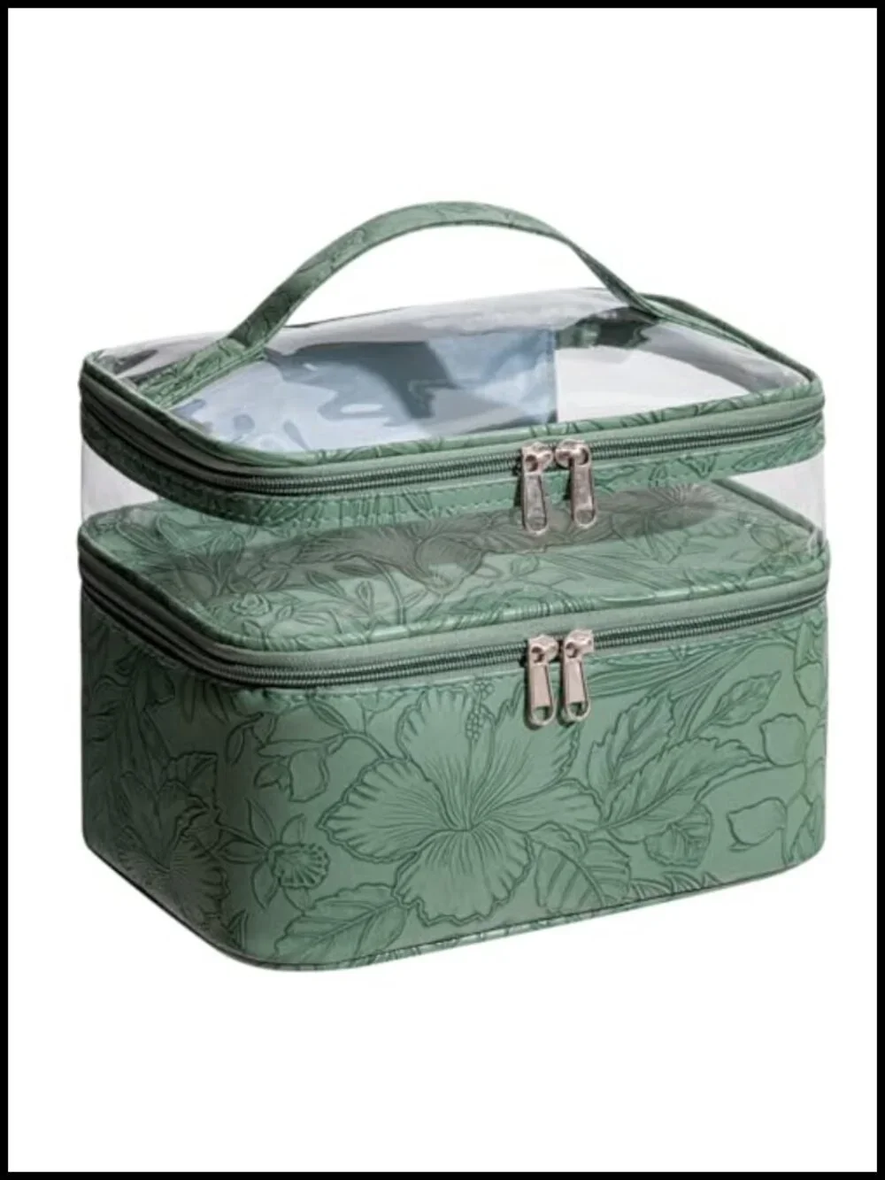 Double Layer Cosmetic Makeup Bag with Brush Storage, Waterproof Leather Floral